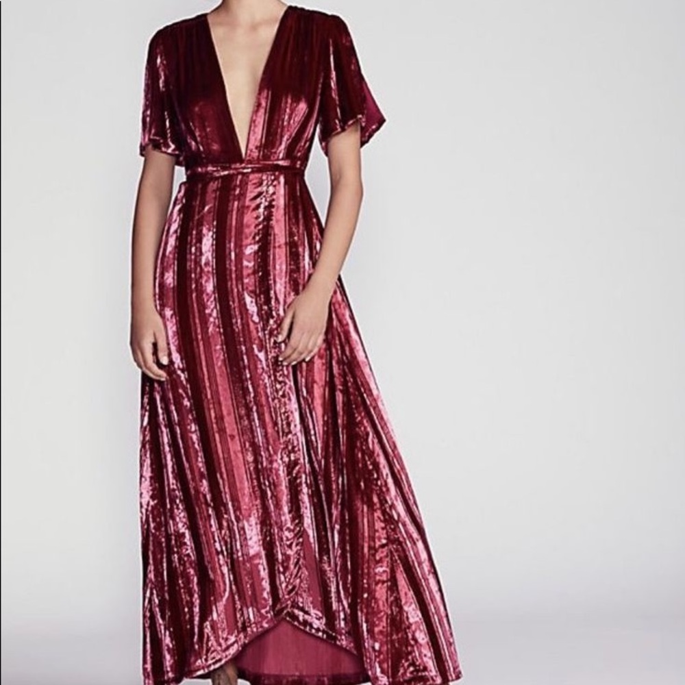 rich red velvet & texture stripe wrap party dress